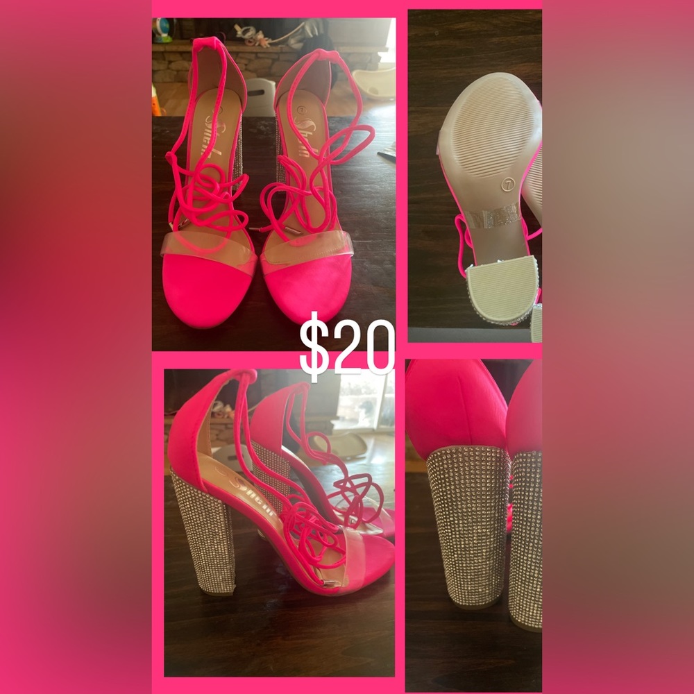 Shein Hot Pink lace up block heel with rhinestones.